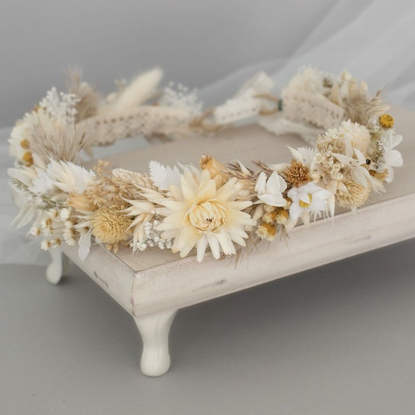 Cream & White Neutrals Dried Flower Crown Halo Wreath - Dried Naturals - Wedding - Bridal - Bridesmaid - Flower Girl - Hippie - Boho - Photo