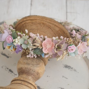 Spring Dried Halo Flower Crown Dried Naturals Pastel Rainbow Colors Baby's Breath Rainbow Baby Gold Wedding Flower Girl Boho image 3