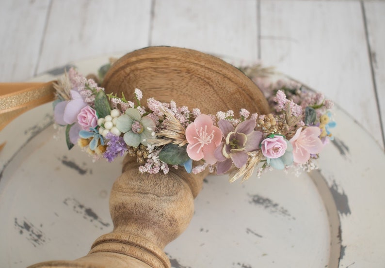 Spring Dried Halo Flower Crown Dried Naturals Pastel Rainbow Colors Baby's Breath Rainbow Baby Gold Wedding Flower Girl Boho image 3