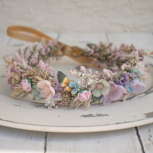 Spring Dried Halo Flower Crown Dried Naturals Pastel Rainbow Colors Baby's Breath Rainbow Baby Gold Wedding Flower Girl Boho image 4