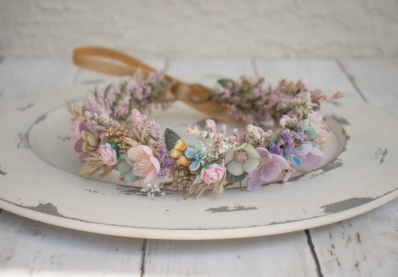 Spring Dried Halo Flower Crown Dried Naturals Pastel Rainbow Colors Baby's Breath Rainbow Baby Gold Wedding Flower Girl Boho image 4