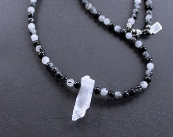 Mens Quartz Point Bead Necklace, Tourmalinated Quartz