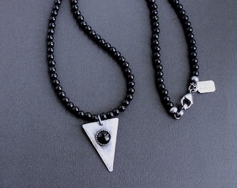 Mens Black Onyx Bead Silver Triangle Pendant Necklace