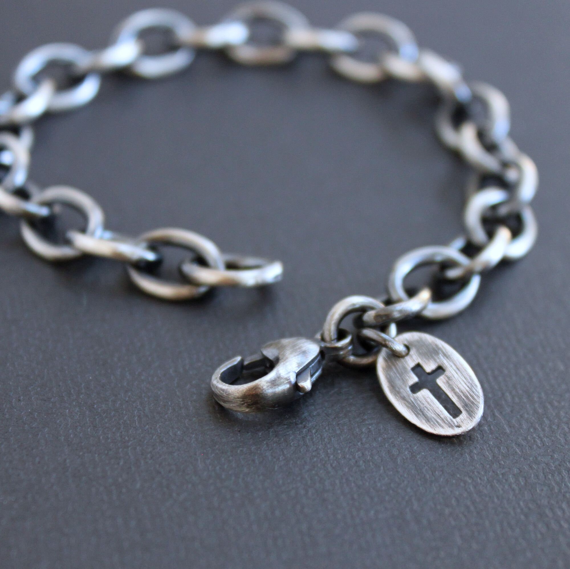 Men's Cross Charm Cable Chain Bracelet Oxidized Sterling Etsy