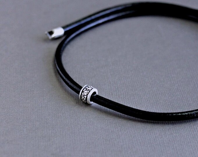Mens Silver Bead Leather Cord Necklace Etsy