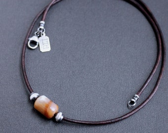 Men's Brown Jasper Barrel Bead Leather Cord Necklace