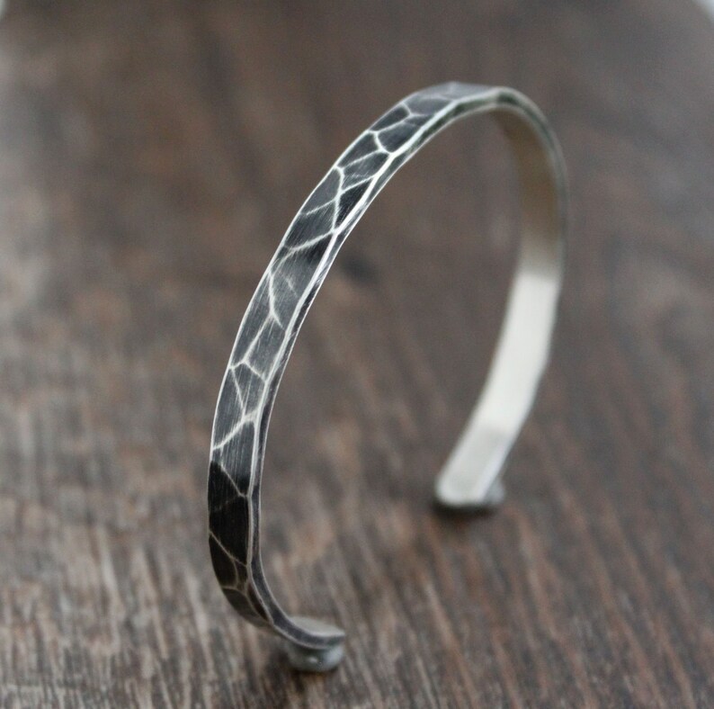 Mens Slim Hammered Cuff Bracelet Sterling Silver Etsy