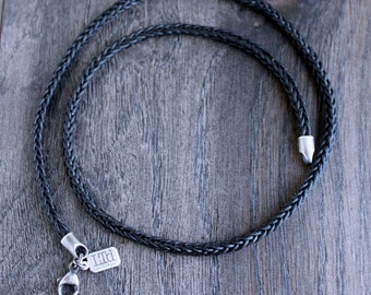 Mens Black Leather Square Braid Necklace, Sterling Silver Clasp