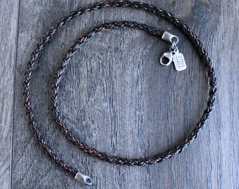 Mens Brown Leather Braid Necklace, Sterling Silver Clasp