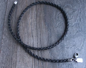 Mens Leather Necklace, 4mm Black Braid, Sterling Silver Clasp