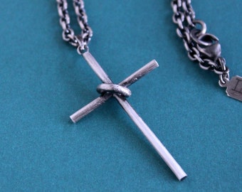 Mens Sterling Silver Wire Cross Pendant Necklace