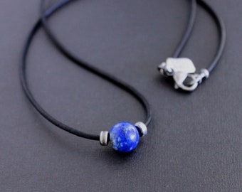 Black Leather Cord Lapis Silver Bead Necklace