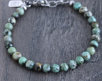 Men's African Turquoise Sterling Silver Beaded Bracelet, Adjustable