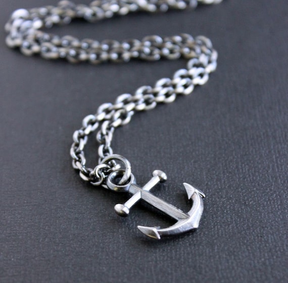 Mens Anchor Pendant Necklace Oxidized Sterling Silver Etsy
