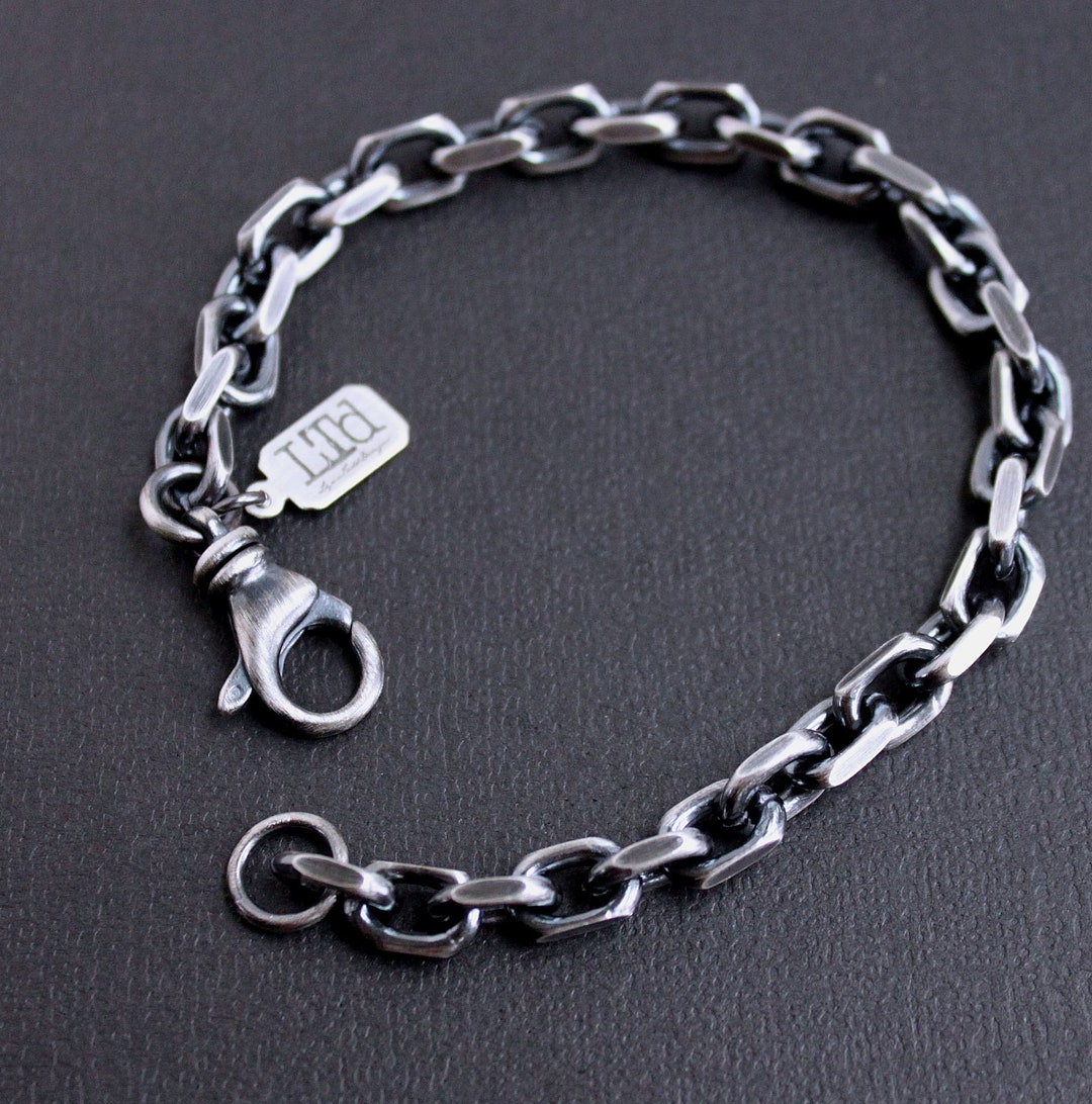 Mens Thick Bevel Chain Bracelet, Oxidized Sterling Silver - Etsy