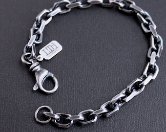 Mens Thick Bevel Chain Bracelet, Oxidized Sterling Silver