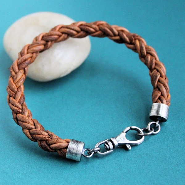 Mens Braided Leather Bracelet, Light Brown Sterling Silver Clasp