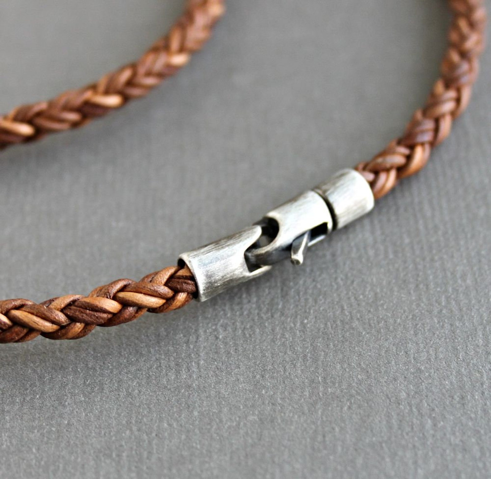Mens Leather Braid Necklace Light Brown Cord Sterling Silver Etsy