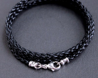 Thin Braid Black Leather Wrap Bracelet, Sterling Silver Clasp