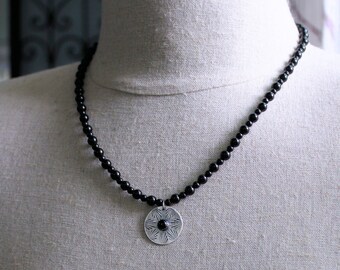 Mens Onyx Bead Necklace, Silver Stamped Pendant