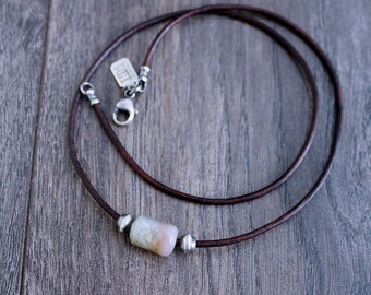 Men's Leather Cord Necklace, Pink Jasper Barrel Bead