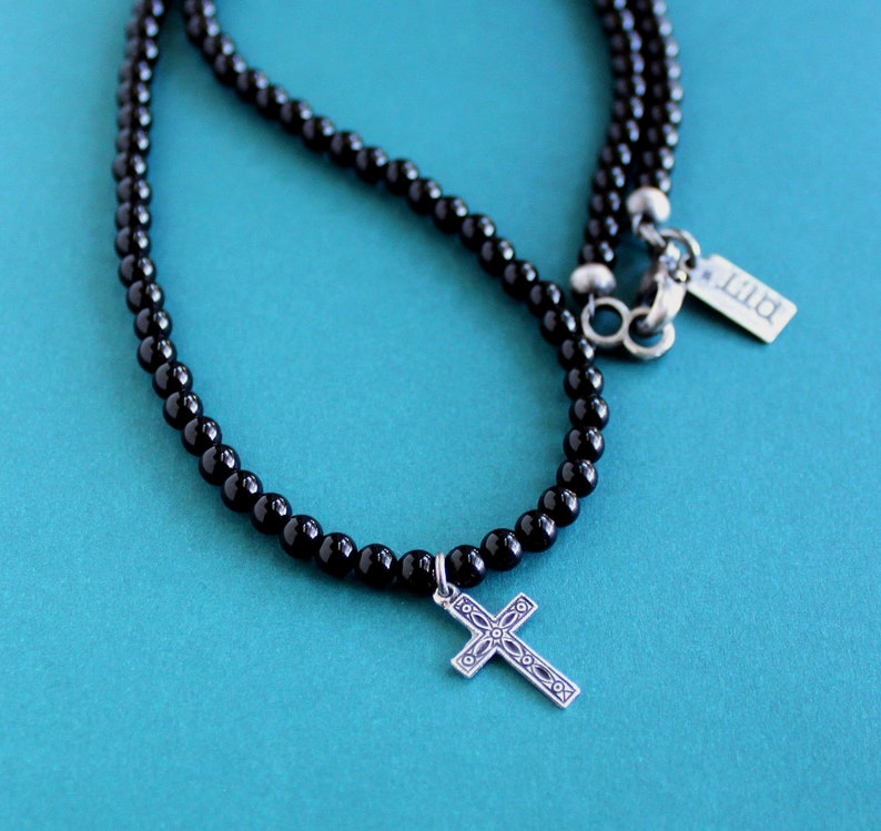 Men's Black Bead Cross Pendant Necklace Etsy