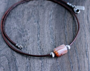 Men's Leather Cord Necklace, Carnelian Barrel Bead