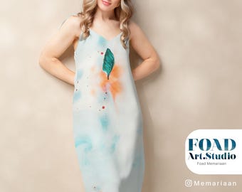 Tie-Strap Midi Slip Dress – Chiffon Dress with Cypress Symbol | Abstract Calligraphy Art Print