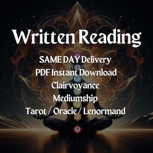 以下が含まれることがあります： チャクラシステムがカラフルな瞑想をしている人のデジタルイラスト。画像の上部に「Written Reading」というテキストがあります。その下に「SAME DAY Delivery」というテキストがあります。その下に「PDF Instant Download」というテキストがあります。その下に「Clairvoyance」というテキストがあります。その下に「Mediumship」というテキストがあります。その下に「Tarot/Oracle/Lenormand」というテキストがあります。