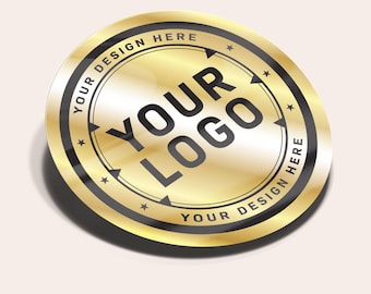 May include: Gold round sticker with black text that says "Your Design Here" and "Your Logo" in a circle.