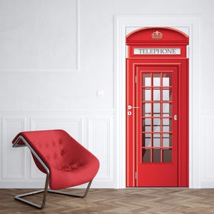 May include: A red telephone booth door decal with a gold crown and the word "TELEPHONE" above a glass door with a traditional design. The decal is applied to a white door in a room with a red chair.