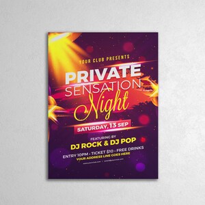 K&ouml;nnte beinhalten: Ein Flyer f&uuml;r eine private Party namens "Private Sensation Night" mit DJ Rock und DJ Pop. Der Flyer ist lila mit gelben und roten Akzenten. Er sagt "Samstag, 13. September" und "Eintritt 22 Uhr - Ticket 10 &euro; - Freigetr&auml;nke".