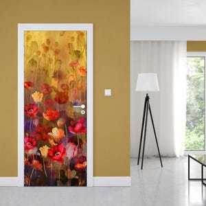 Mural de puerta con prado de flores, calcomanía de pared con flores de colores, decoración del hogar, decoración de oficina