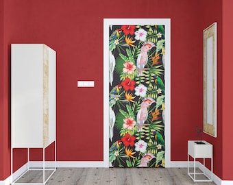 Mural de porta "Pássaros no Paraíso": decalque floral tropical