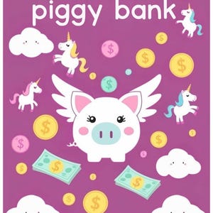 May include: A pink piggy bank with wings and a smiling face. The piggy bank is surrounded by clouds, unicorns, and dollar signs. The text "child's first piggy bank" is at the top of the image.