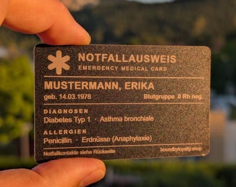 Notfallausweis aus Metall mit Gravur, Diabetes Allergie Blutgruppe, wasserfest im Scheckkartenformat | Medical ID Card