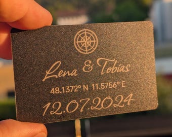 Metallkarte mit Koordinaten graviert, Namen & Datum, Geschenk wo alles begann | Koordinaten-Geldbörsenkarte aus Metall