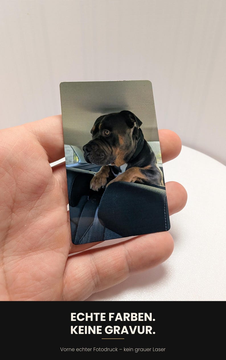 K&ouml;nnte beinhalten: Eine rechteckige Metallkarte mit einem vollfarbigen Fotodruck eines schwarz-braunen Hundes, der seine Vorderpfoten auf die Kopfst&uuml;tze eines Autositzes legt. Das Bild zeigt den Hund mit Blick nach links in einer klaren und detaillierten Ausf&uuml;hrung.