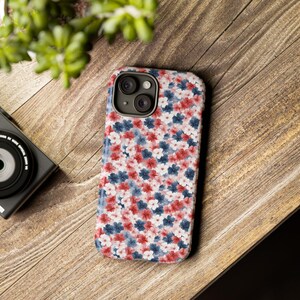 Red White Blue Floral Phone Case, Patriotic iPhone Samsung Cover, July 4th Gift for Her Him, Micro Flower Print, Summer Aesthetic Grip