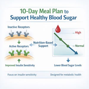 Puede incluir: Una infografía con un plan de comidas de 10 días para apoyar un nivel de azúcar en sangre saludable. La imagen incluye diagramas que muestran el impacto de la nutrición, con etiquetas como "Receptores inactivos" y "Niveles más bajos de azúcar en sangre."
