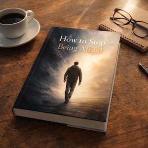 Puede incluir: Un libro titulado "How to Stop Being Afraid" con una ilustración de una persona caminando hacia la luz. El libro está sobre una superficie de madera, junto a una taza de café, un bloc de notas, gafas y un lápiz.