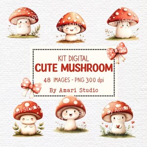 Clipart de cogumelos Kawaii em aquarela, Mushroom cliparts, cute mushroom, scrapbook, cartões fofos, sublimação, canecas, camisas