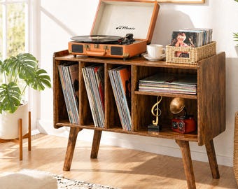 Mid Century Record Player Stand with Vinyl Storage, Turntable Cabinet, Retro Vinyl Record Organizer, Wooden Media Console