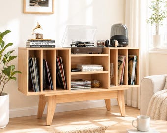Mid Century Record Player Stand with Vinyl Storage, Turntable Cabinet Console, Vinyl Record Storage Shelf, Retro Media Cabinet