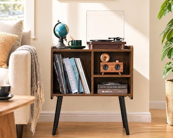 Supporto per giradischi in stile metà secolo con vano porta vinili, mobiletto per giradischi retrò, tavolino laterale in legno con organizer per dischi in vinile.