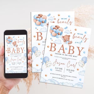 Blue bear balloon baby shower invitation, We can Bearly wait baby shower invite, Gender neutral baby invite, Instant download