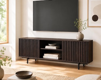 63 Inch Mid Century TV Stand for TVs Up to 75”, Slatted Media Console Cabinet with Storage & Modern Entertainment Center