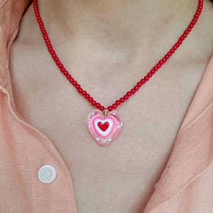 Handmade Coral red beaded Necklace with Pink glass Heart pendant