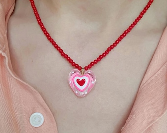 Handmade Coral red beaded Necklace with Pink glass Heart pendant