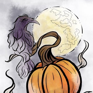 Raven Magic in the Pumpkin Patch - Página para colorear imprimible y sello digital